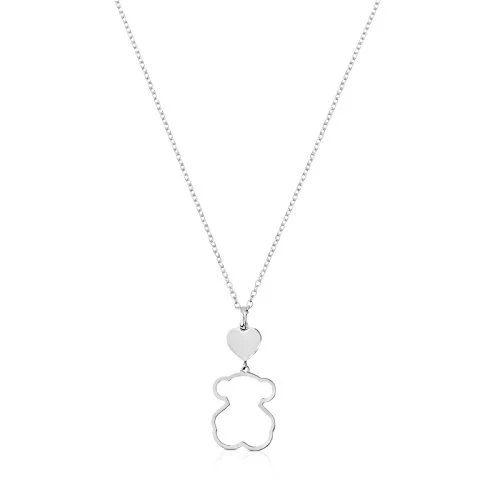 TOUS Collar de Plata de Primera Ley para Mujer con Colgante de Oso de 19 mm y Corazón de 8.6mm, 45 cm de Largo, Elegante y Versátil, Colección Silueta