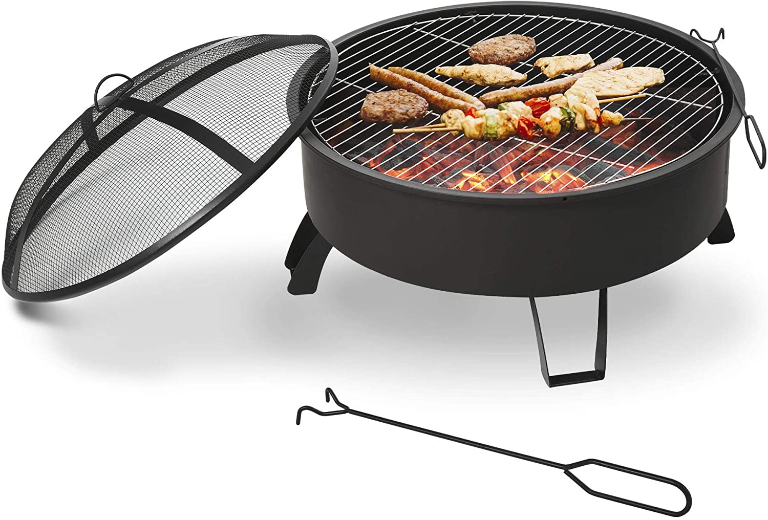 Outsunny Brasero Exterior Ø76 cm 2 EN 1 con Rejilla de Cocina Parrilla para Barbacoa Calefacción Tapa de Malla Atizador de Fuego para Patio Jardín Negro