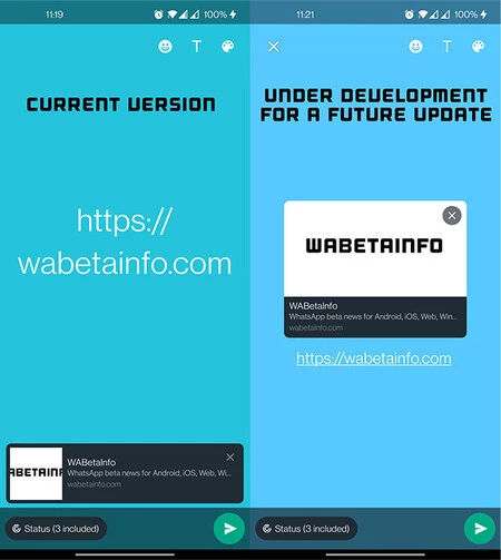 現在のバージョンでのリンクされたステータス (左) と新しい表示方法 (右)。画像はWaBetaInfoより