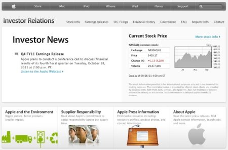 Apple renueva la sección para inversores de su web oficial y anunciará los beneficios del último trimestre fiscal el 18 de octubre