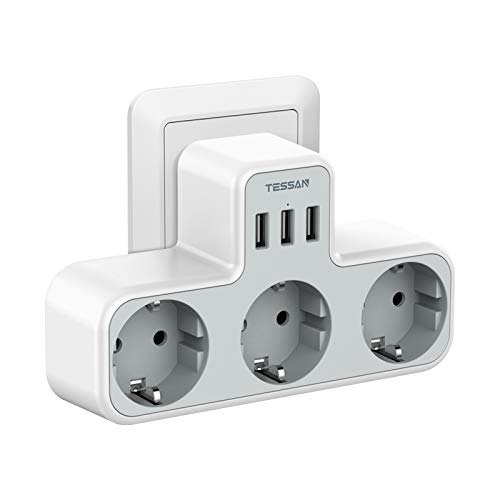 TESSAN Ladron Enchufes USB, Enchufe Multiple con 3 Enchufes Schuko 3 Puertos USB