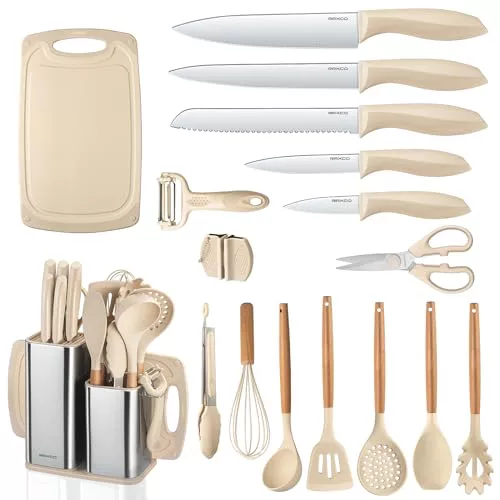 RAXCO Juego de cuchillos de cocina de acero inoxidable de 18 piezas - juego de cuchillos para carne, juegos de cuchillos de cocina profesionales con bloque y afilador (Caqui)