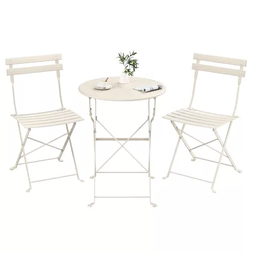 SONGMICS Juego de Jardín de Exterior, 3 Piezas, 2 Sillas y 1 Mesa, Plegable, Salón de Exterior, Acero, Resistente a la Intemperie, para Balcón, Terraza, Beige Capuchino GGF036LZ01