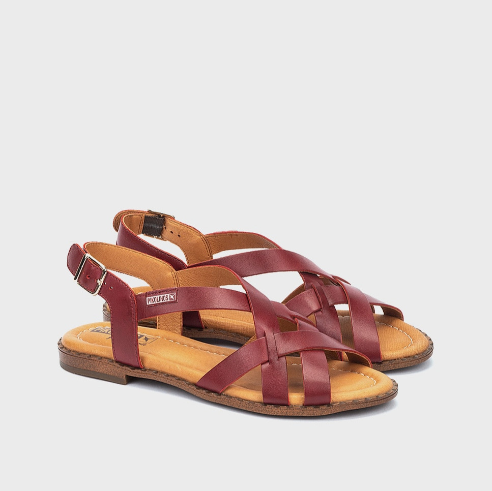 Sandalias planas de mujer de piel de tiras trenzadas y atadas al tobillo Rojo Pikolinos