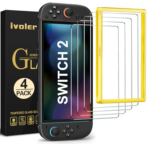 ivoler 4 Piezas Protector Pantalla para Nintendo Switch 2 Model 2025, Incluye Marco de Instalación Fácil, Cristal Vidrio Templado Premium