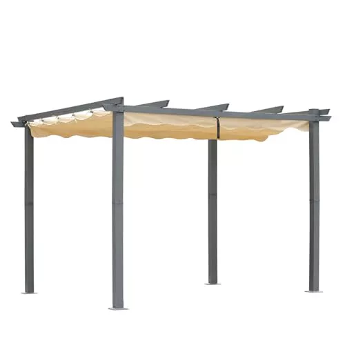 [Actualizado] Angel Living Pérgola de Aluminio con Techo Retráctil, Pabellón con Diseño Elegante, Cenador con Tela de Poliéster Resistente al Agua y a UV, Uso para el Exterior (3 x 3, Beige)