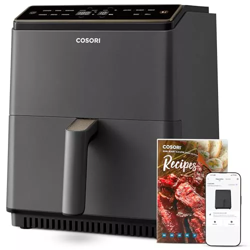 Cosori Dual Blaze Air Fryer WiFi 6,4L, Freidora de Aire sin Aceite 11 en 1, Temperatura y Tiempo Ajustables, 90+ Recetas en la App Creadas por Chef en Español, Apto para Lavavajillas, Gris