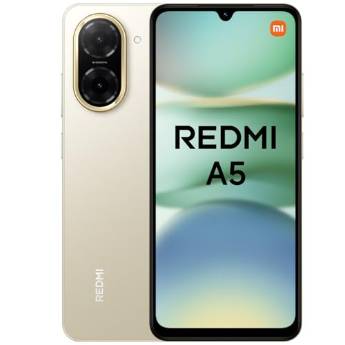 Xiaomi Redmi A5 - Smartphone de 3+64GB, Pantalla inmersiva de 6,88" 120 Hz, Potente procesador Octa Core, Cámara Dual AI de 32 MP, 5200 mAh, Cargador no Incluido, Dorado (Versión ES)