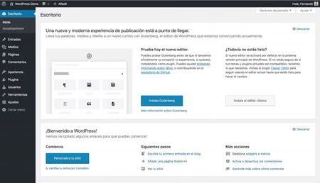 Wordpress を使用した Web サイトの管理エリア。Gutenberg の統合がユーザーに通知されます。