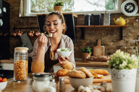 Young Happy Woman Making Healthy Meal Tasting Food Kitchen