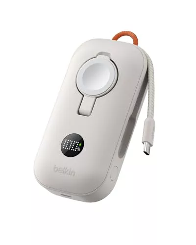 Belkin BoostCharge Pro Batería Externa Carga Rápida 10000mAh, Power Bank Cargado, para Apple Watch, Batería Portátil con Cable USB C Trenzado y Pantalla, 45W, Cargador Portátil, 3 Dispositivos, Beis