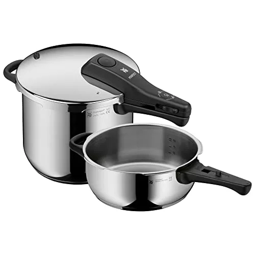 WMF Perfect - Set con Olla Rápida Ø 22 cm de Diámetro de 6 Litros y Medio + cuerpo de 3L, Con Protección Contra Llamas, Acero Inoxidable Cromargan Apta para Inducción