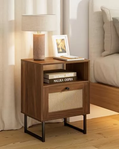 HEYZOEY Mesita de Noche de ratán Moderna de Madera con cajón y Estante Abierto