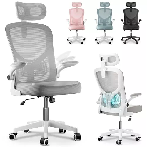 JUPPLIES Silla Escritorio Ergonómica con Soporte Lumbar, Reclinable 120°, Reposacabezas Ajustable, Reposabrazos Abatibles, Malla Transpirable, Ruedas 360°, Altura Regulable, Soporta 120 kg