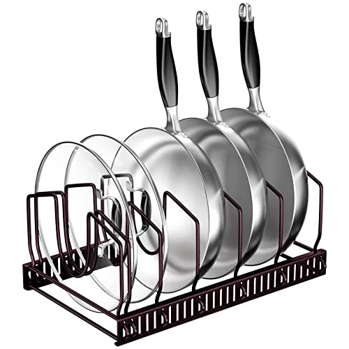 Fousenuk Organizador de Sartenes, Soporte Sartenes de Cocina, Separador de Sartenes Ajustable con 7 Compartimentos, Estante para Almacenar Ollas y Tapas, Sujeta Tapas Cocina de Metal (Bronce)