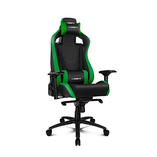 Drift DR500G - Silla Gaming Profesional, polipiel, reposabrazos ajustable 4D, piston clase 4, sistema balanceo, altura regulable, respaldo reclinable, cojines lumbar y cervical, color negro/verde