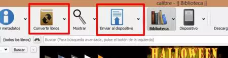 Botones de Calibre para enviar archivos al Kindle o convertirlos