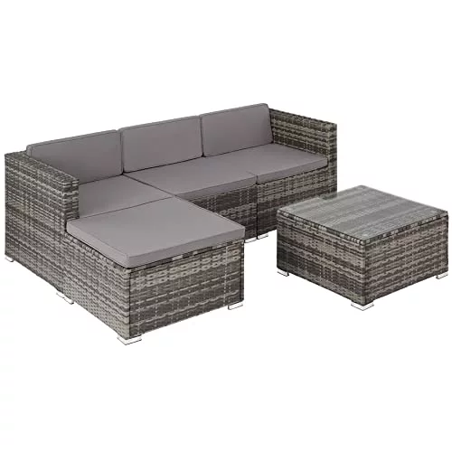 TecTake® Conjunto Jardín en Ratán con Cojines, Conjunto Terraza Resistente a la Intemperie, Muebles Jardín Exterior 1 Banco de 2 Plazas, 1 Tablero con Cristal, Fundas Extraíbles, Fácil Limpieza - Gris