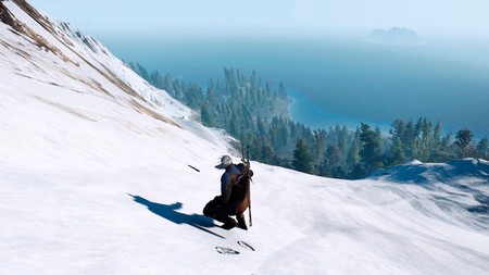 Aquí tienes a Geralt de Rivia bajando una montaña helada en una tabla de snowboard
