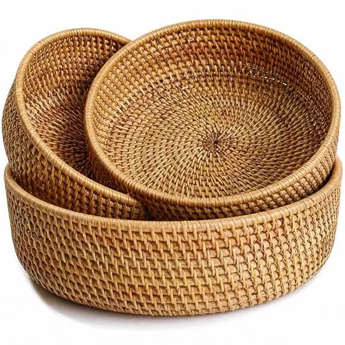 3 Piezas, Cestas de Almacenamiento Redondas de Ratán, Cestas de Mimbre Natural para Frutas, Organizador de Cestas Tejidas para Cocina/Comedor
