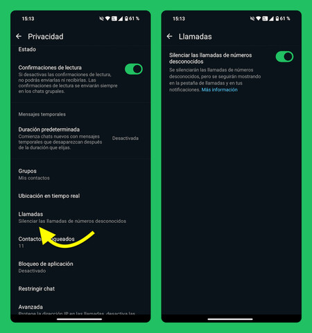 Capturas de pantalla mostrando los pasos a seguir para silenciar las llamadas de números desconocidos en la app de WhatsApp para Android