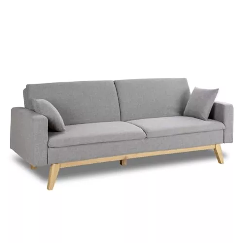 Don Descanso, Sofá Cama 3 plazas Reine, Tapizado en Tela, Sistema Apertura de Libro o Clic-clac, Medida sofá: 206x73x80cm, Medida Cama: 180x100cm, Incluye 2 Cojines, Gris Claro