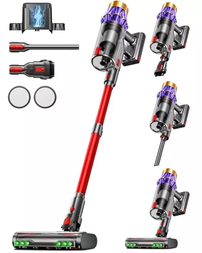 AIBIRTH Aspiradora sin Cable 55Kpa/650W/70Mins, Escoba Aspiradora de 1.8L, Sistema de Filtración de 8 Etapas,Autoportante, Adecuada para Pelo de Mascotas, Luz Verde Alfombras y Suelos de Madera