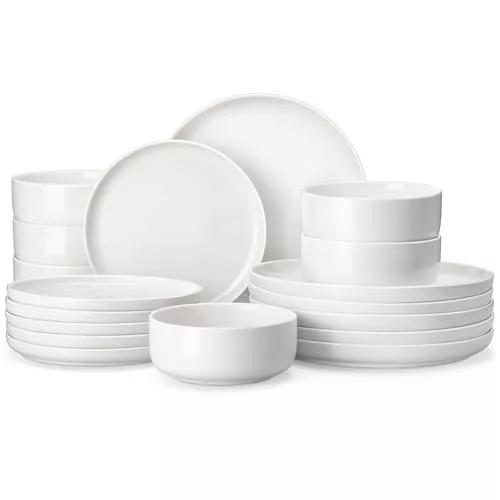 MALACASA Vajillas Completas 18 Piezas, Juegos de Platos para 6 Personas con 6 Plato/Plato de Postre/Cuencos de Cereales, Apto para Microondas y Lavavajillas, Blanco, Serie LUNA