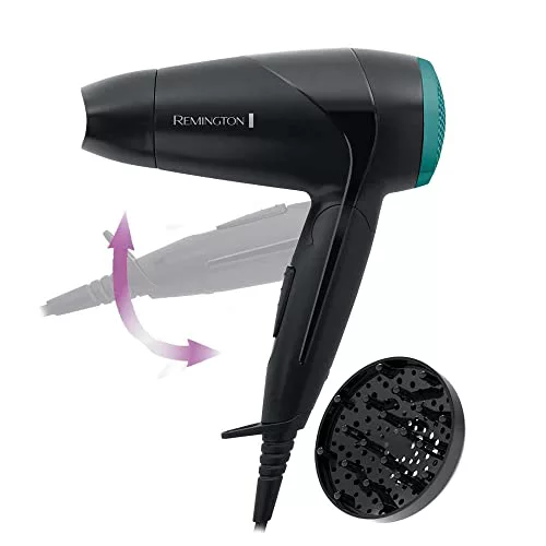 Remington Secador de Pelo Pequeño Compacto, Secador de Viaje, Plegable, óptimo Gimnasio, Concentrador, Difusor Compacto, Caudal 60km/h, 3 Temperaturas, 2 Velocidades, Gancho Para Colgar - D1500