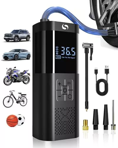 SERVOMASTER Compresor Aire Portatil, Inflador Ruedas Coche 150PSI, Inflador Electrico con Función de Parada Automática, Compresor Aire Coche, Pantalla Digital y Luz LED, para Coche Moto Bicicleta Bola