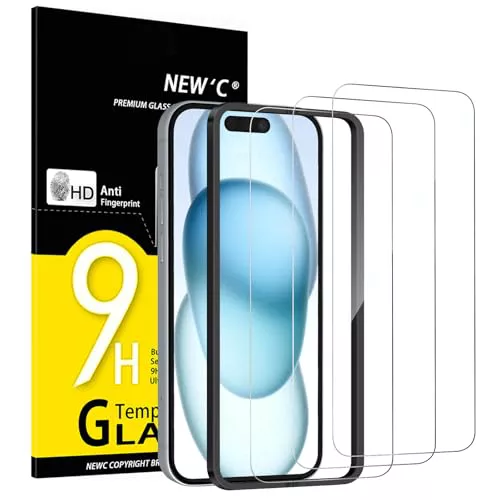 NEW'C 3 Piezas, Protector Pantalla para iPhone 16,iPhone 15 (6,1 Pulgadas), Cristal templado con herramienta de instalación fácil incluida, Antiarañazos, Antihuellas, Dureza 9H, Ultra Resistente