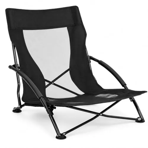 T-LOVENDO.ES Silla Plegable Baja de Playa y Camping/Portátil y Compacta/Respaldo Transpirable/Reposabrazos Acolchados/Estructura de Acero Robusta/Patas Antideslizantes/hasta 150 kg