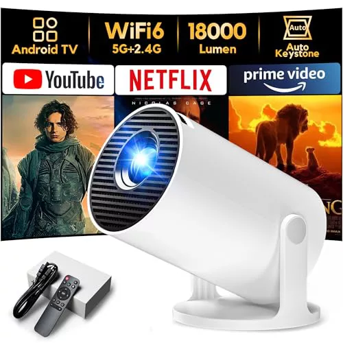 [App Integrada & Auto Keystone] Proyector Portátil con WiFi6 Bluetooth 5.4, AKIYO O2 Mini Proyector con Android TV Full HD 1080P Suporte, 180° Rotation, Compatibile con HDMI/Smartphone/USB/Laptop/PS5