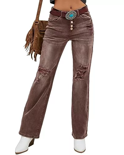 Roskiky - Pantalones vaqueros acampanados para mujer, cintura alta, con roturas, elásticos, holgados, marrón, M