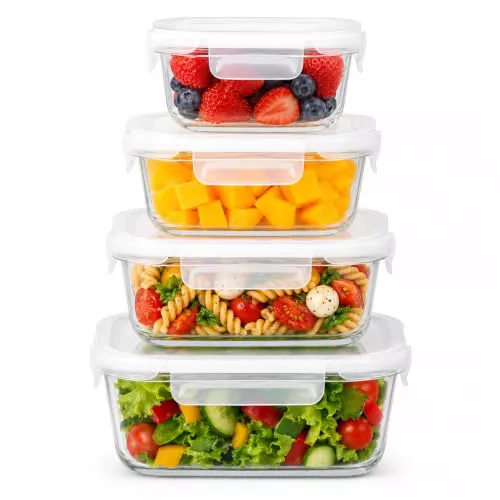 4 Tuppers de Vidrio Herméticos, Cuadrados, sin BPA, Meal Prep