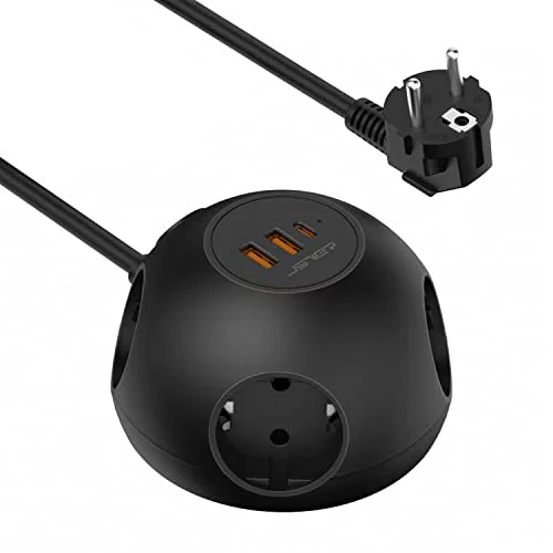JSVER Regleta Enchufes 3680W/16A, 4 Tomas Corrientes y 3 Rápida USB (2 USB A 18W, 1 USB C PD 20W), Cable de extensión de 1,5m y Tapón de Seguridad - Negro