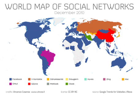 Otro mapamundi de redes sociales: Facebook sigue siendo líder indiscutible