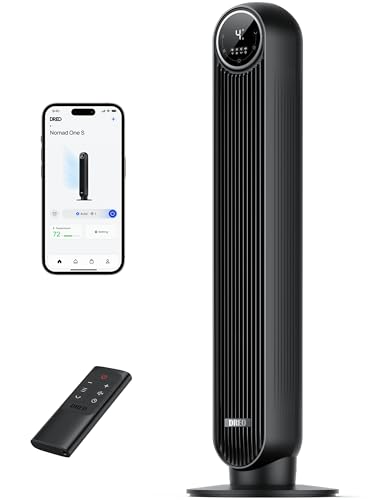 Dreo ventilador de pie silencioso, ventilador de torre con velocidad de 7,6 m/s, 4 velocidades, rotación de 90°, temporizador de 8 horas, pantalla LED y mando a distancia incluido. negro. Alexa