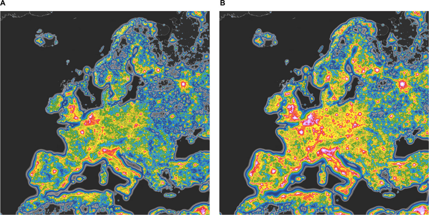 La contaminación lumínica mundial, ilustrada en este mapa sobre la ...