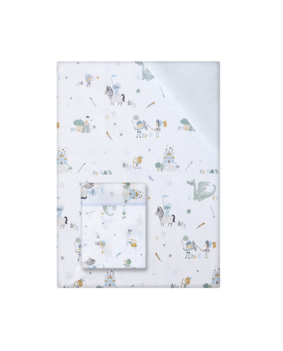 JUEGO DE FUNDA NÓRDICA REVERSIBLE + FUNDA DE ALMOHADA PARA MINICUNA (50 X 80 CM.) COTTON JUICE BABY HOME ESTAMPADO PRINCESAS Y DRAGONES CELESTE