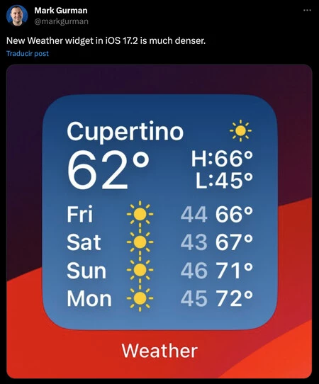 天気ウィジェットiOS 17.2 iPhone Apple
