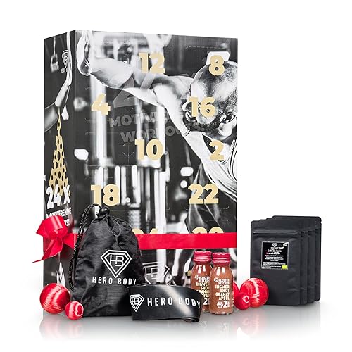 Calendario de Adviento de Fitness 2022 para deportistas/en- 24 entrenamientos de vídeo, herramientas de fitness, aperitivos orgánicos y proteínas en polvo, barras, mezclas de especias y sorpresas