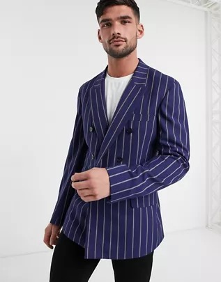 Americana de sastre ajustada de doble botonadura a rayas en azul marino suave de ASOS DESIGN