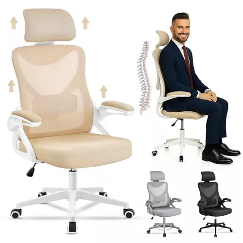 EveryKip® Silla Escritorio Ergonomica Ajustable con Reposabrazos Beige| Ruedas Anti-Arañazos 