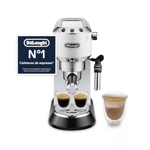 De'Longhi Dedica Style - Cafetera Espresso Manual con Espumador Manual | Cafetera Compacta, Espresso y Cappuccino, Apta para Monodosis ESE, Panel con Botones, Ancho 15cm, Blanco, EC685.W