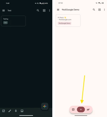 現在の Google Keep の下部バーのレイアウト (左) と新しいもの (右)。 9to5Google のスクリーンショット