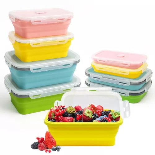 Druuzyl 4 Recipientes Plegables de Silicona para Alimentos (800ml+1200ml) - Bento Box con Tapa - Apto Microondas/Lavavajillas/Congelador - Almacenamiento Hermético de Comida