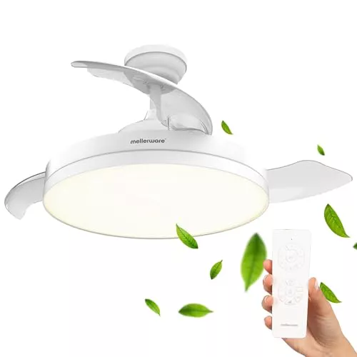 Mellerware - Ventilador de Techo Retráctil Brizy Foldable 40W | 6 Velocidades | 3 Aspas | Ø 106cm | Motor DC Ultra silencioso | Temporizador | Función Verano Invierno | Luz LED