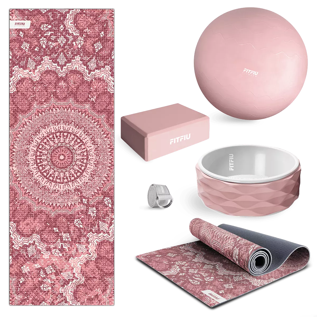 Kit 5 Accesorios Yoga Fitfiu Fitness Kitwell-500 Rosa Esterilla Pelota Bloque Aro Correa
