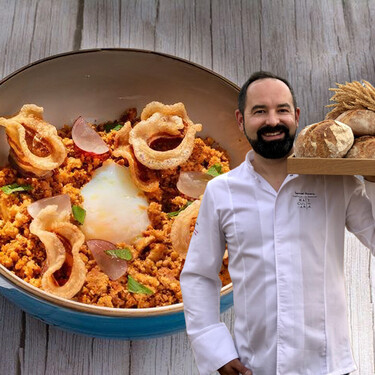 Samuel Moreno, chef con estrella Michelin, cambia el torrezno por uno suflado y el huevo frito por un poché para hacer unas migas mucho más ligeras 
